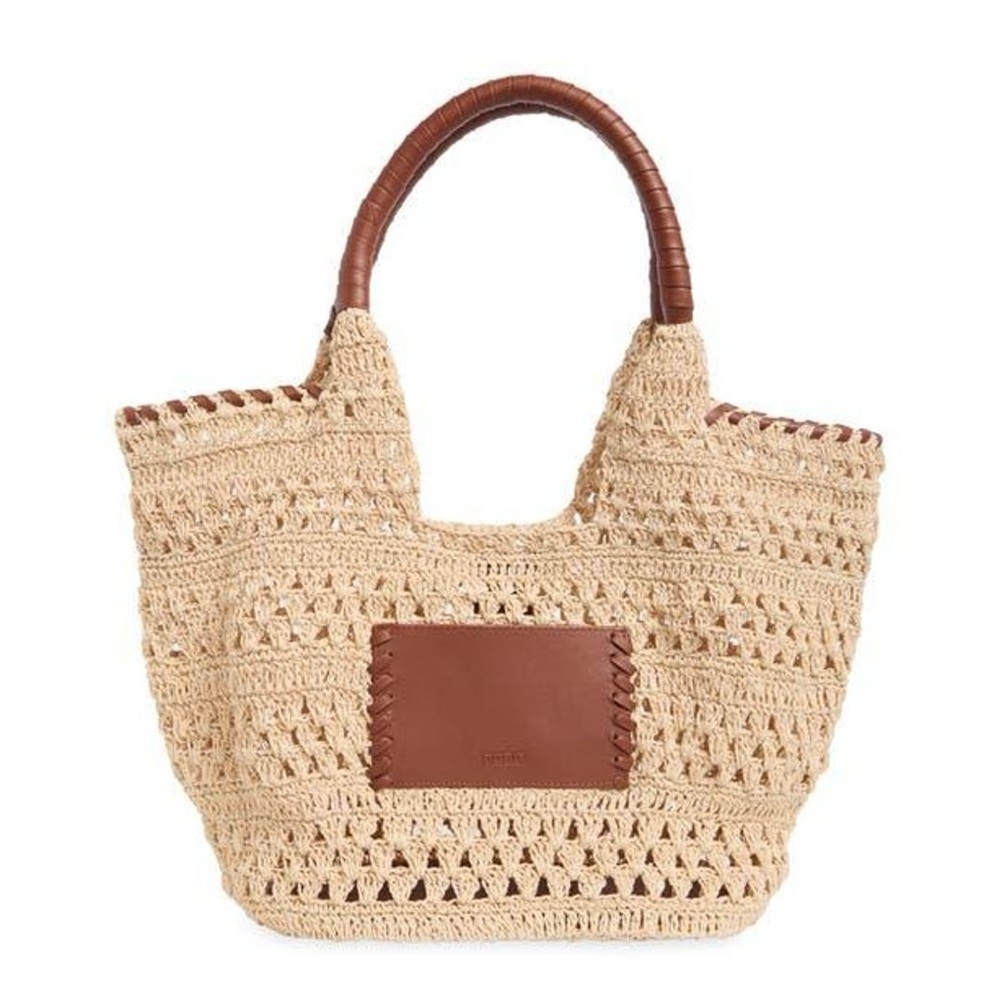 BCBG Woven Raffia Tote Bag Leather Handles Logo Patch Boho Vacation - Picture 3 of 16